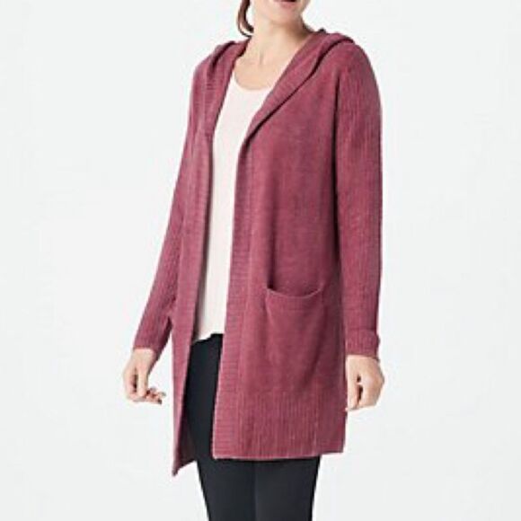 Barefoot Dreams CozyChic Lite Relaxed Hooded Long Cardigan Berry Rose Size Small - Picture 1 of 13